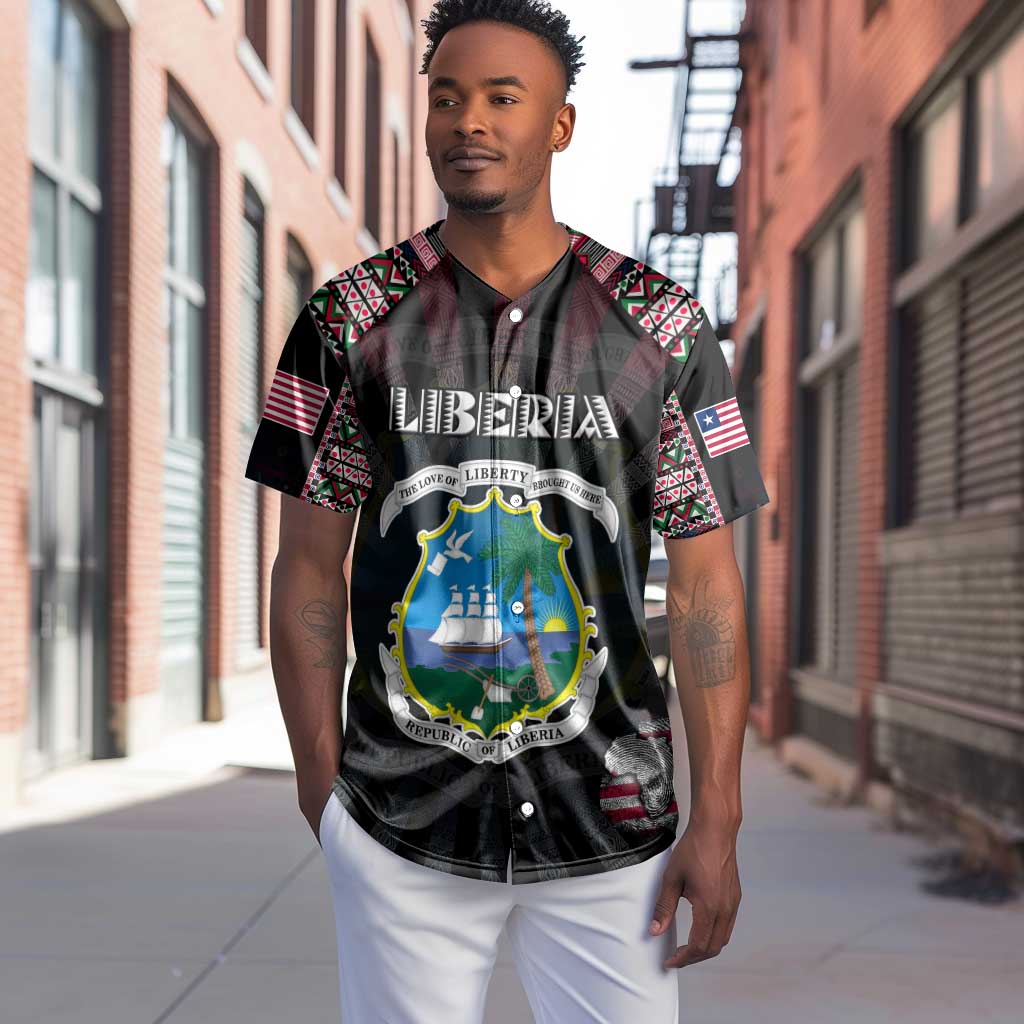 Personalized Liberia Roots Baseball Jersey African Pride in Fingerprint and Tribal Colors