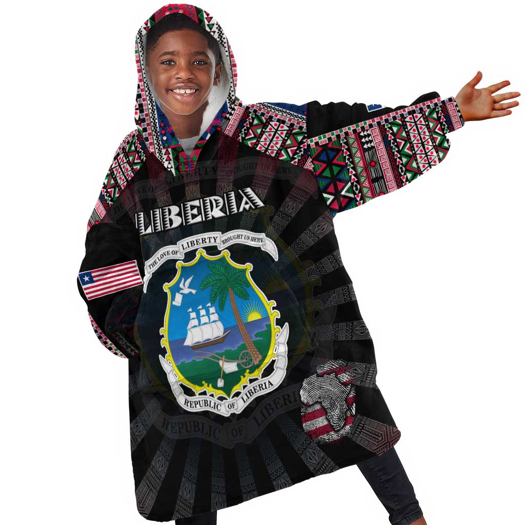 Personalized Liberia Roots Kid Wearable Blanket Hoodie African Pride in Fingerprint and Tribal Colors