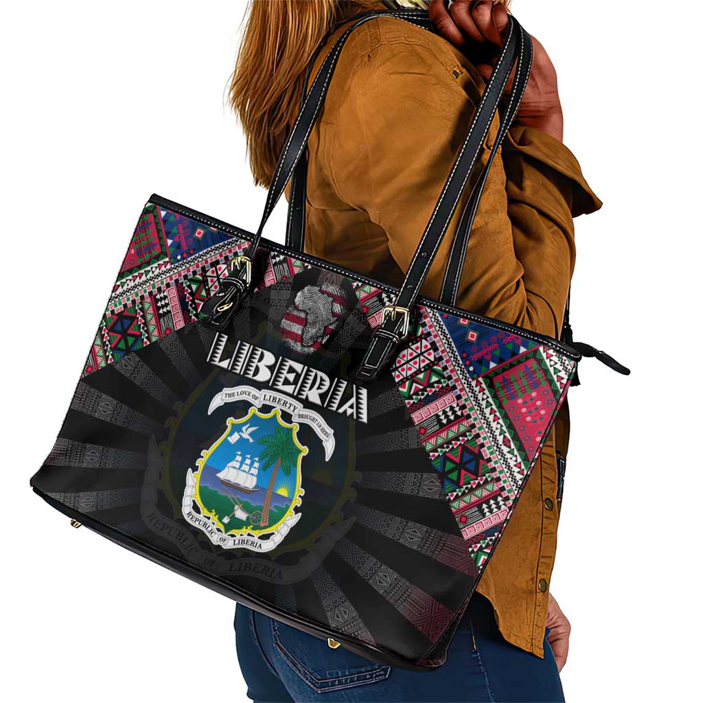 Liberia Roots Leather Tote Bag African Pride in Fingerprint and Tribal Colors