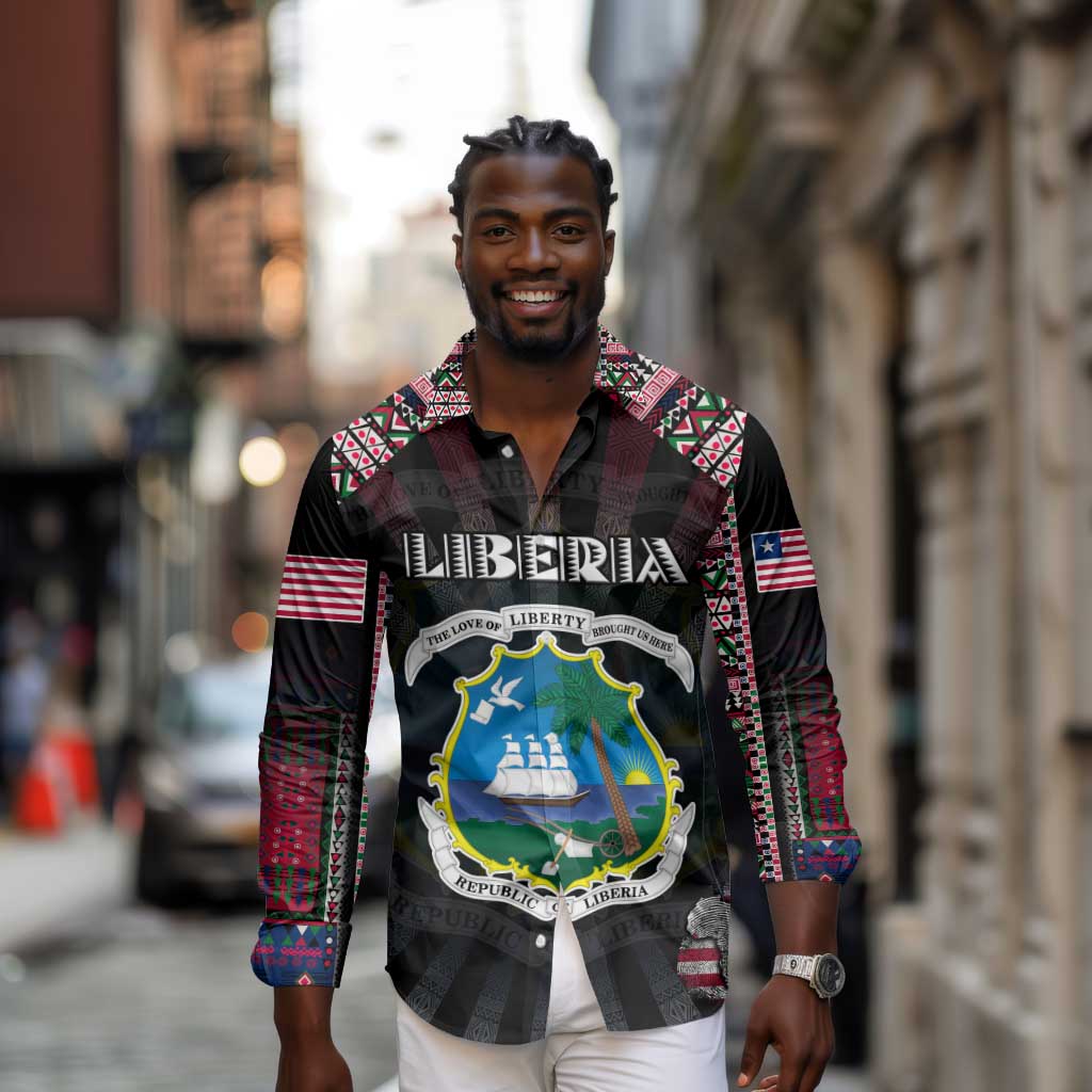 Personalized Liberia Roots Long Sleeve Button Shirt African Pride in Fingerprint and Tribal Colors