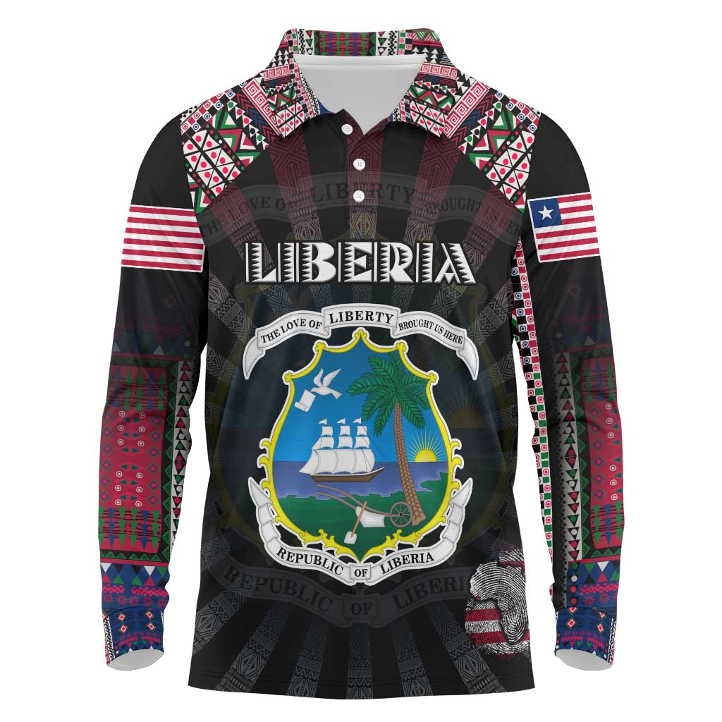 Personalized Liberia Roots Long Sleeve Polo Shirt African Pride in Fingerprint and Tribal Colors