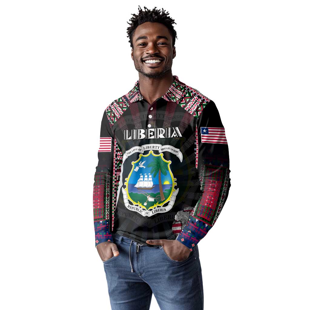 Personalized Liberia Roots Long Sleeve Polo Shirt African Pride in Fingerprint and Tribal Colors