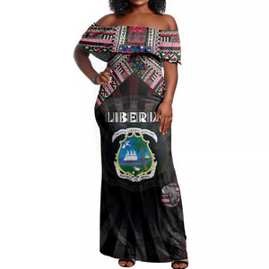 Personalized Liberia Roots Off Shoulder Maxi Dress African Pride in Fingerprint and Tribal Colors