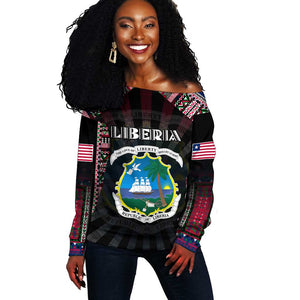 Personalized Liberia Roots Off Shoulder Sweater African Pride in Fingerprint and Tribal Colors