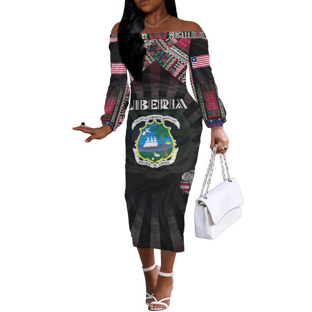 Personalized Liberia Roots Off The Shoulder Long Sleeve Dress African Pride in Fingerprint and Tribal Colors