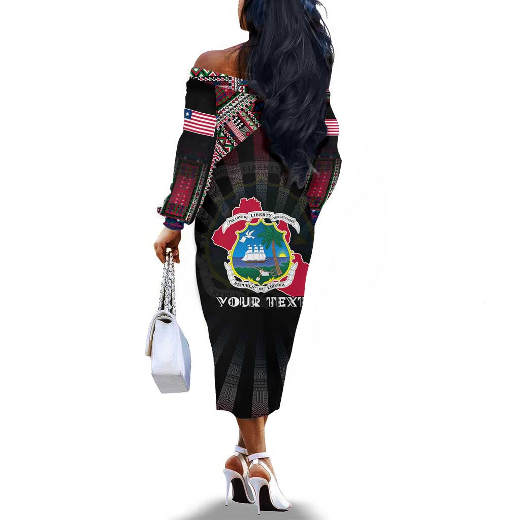 Personalized Liberia Roots Off The Shoulder Long Sleeve Dress African Pride in Fingerprint and Tribal Colors