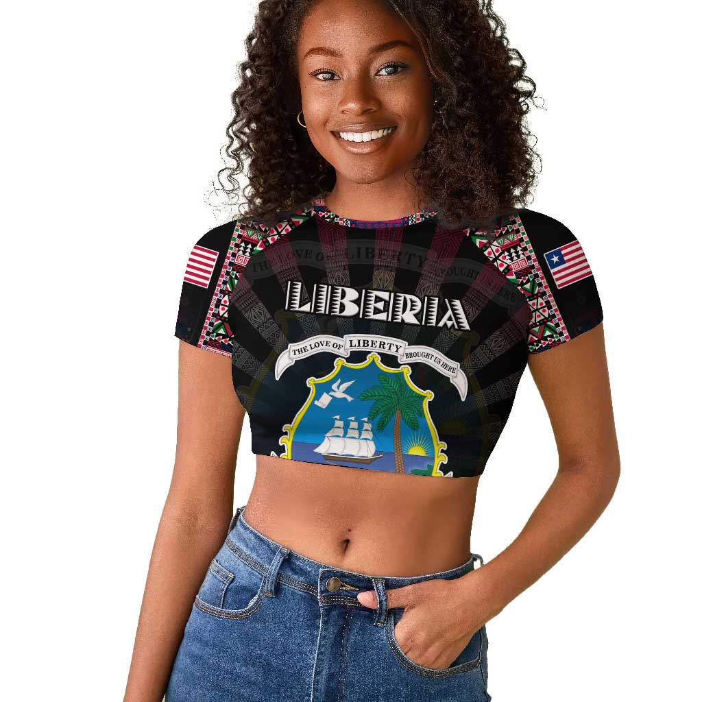 Personalized Liberia Roots Raglan Cropped T shirt African Pride in Fingerprint and Tribal Colors