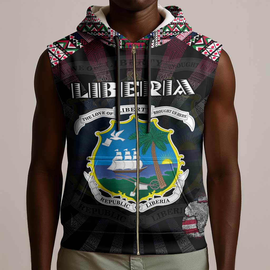 Personalized Liberia Roots Sleeveless Zip Hoodie African Pride in Fingerprint and Tribal Colors - African Pride