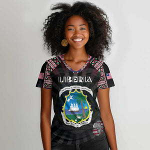 Personalized Liberia Roots Women V-Neck T-Shirt African Pride in Fingerprint and Tribal Colors