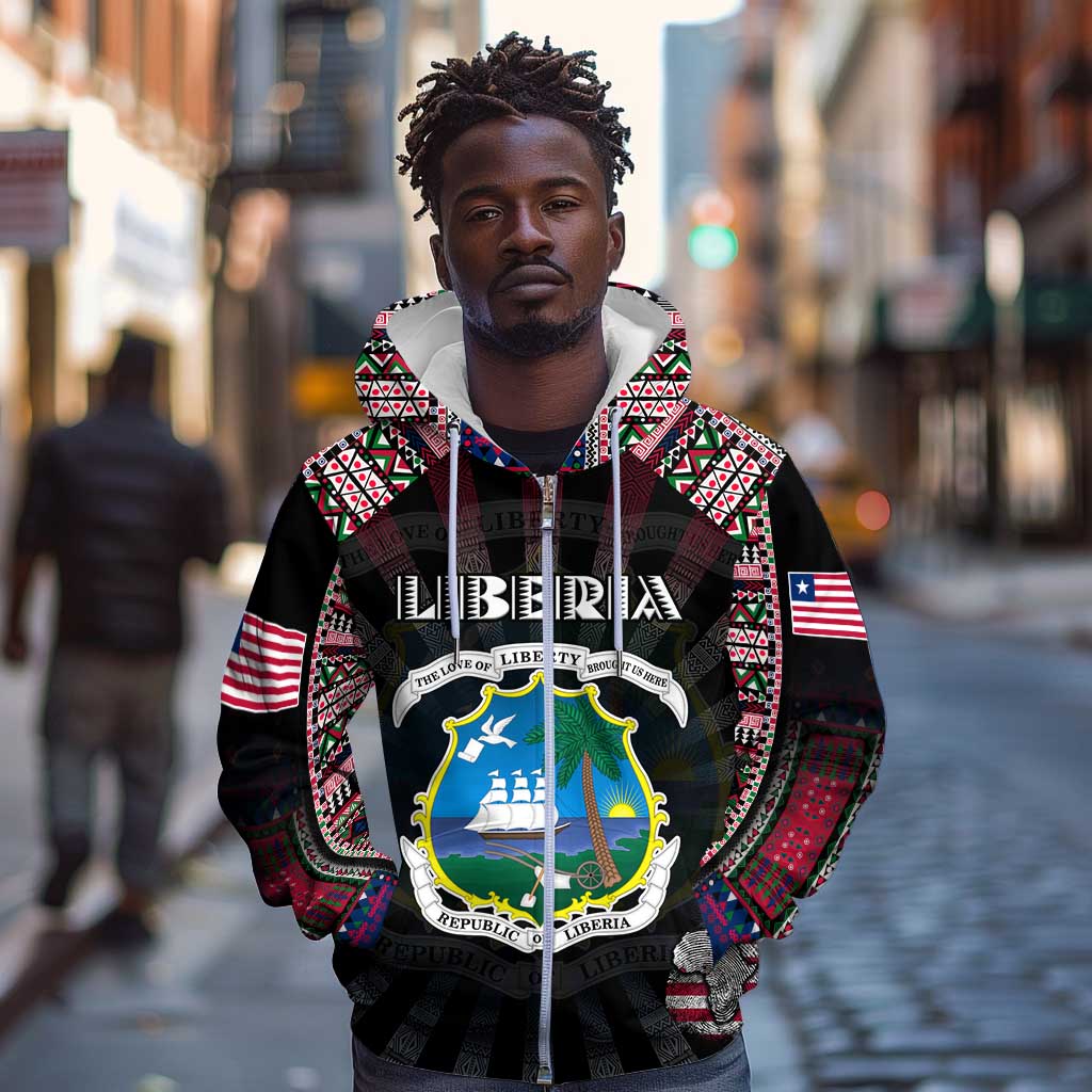 Personalized Liberia Roots Zip Hoodie African Pride in Fingerprint and Tribal Colors