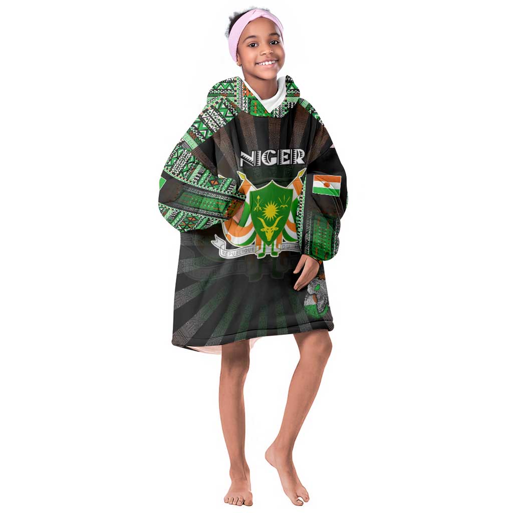 Personalized Niger Roots Kid Wearable Blanket Hoodie African Pride in Fingerprint and Tribal Colors