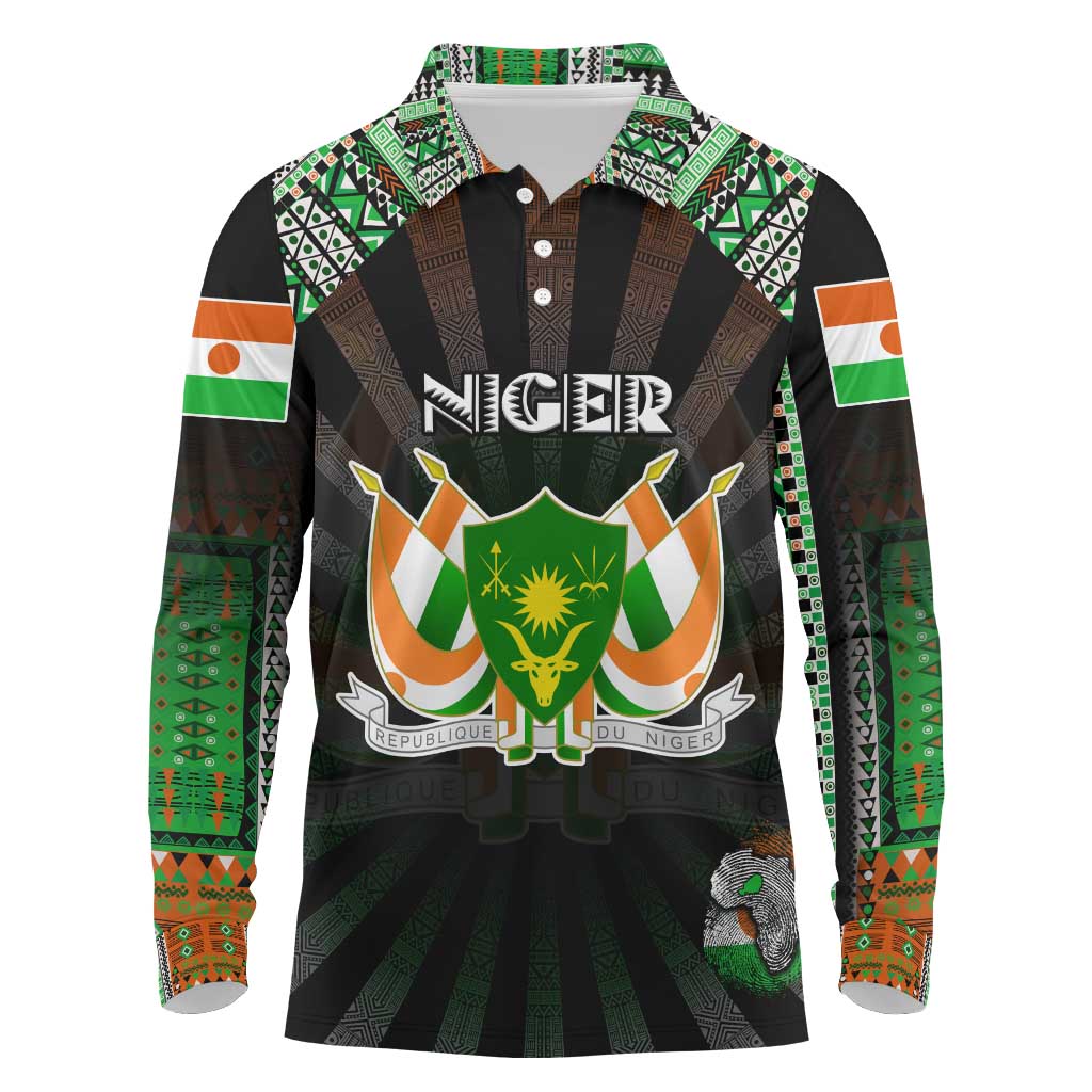 Personalized Niger Roots Long Sleeve Polo Shirt African Pride in Fingerprint and Tribal Colors