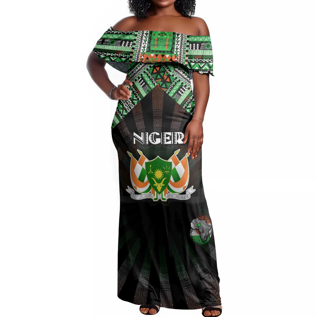 Personalized Niger Roots Off Shoulder Maxi Dress African Pride in Fingerprint and Tribal Colors