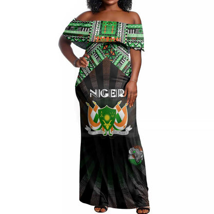 Personalized Niger Roots Off Shoulder Maxi Dress African Pride in Fingerprint and Tribal Colors