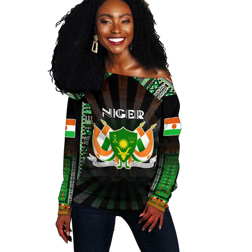 Personalized Niger Roots Off Shoulder Sweater African Pride in Fingerprint and Tribal Colors