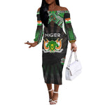 Personalized Niger Roots Off The Shoulder Long Sleeve Dress African Pride in Fingerprint and Tribal Colors