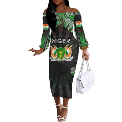 Personalized Niger Roots Off The Shoulder Long Sleeve Dress African Pride in Fingerprint and Tribal Colors