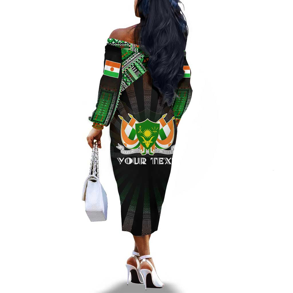 Personalized Niger Roots Off The Shoulder Long Sleeve Dress African Pride in Fingerprint and Tribal Colors