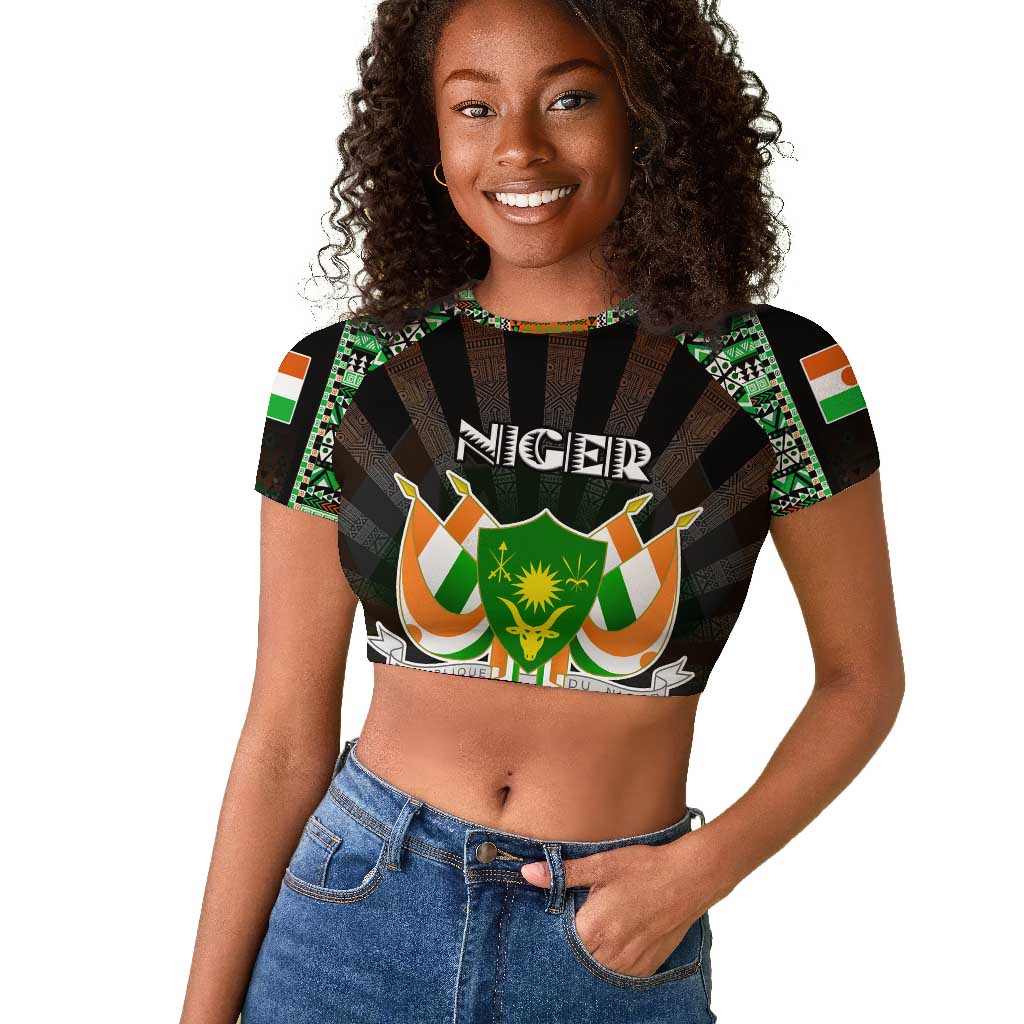 Personalized Niger Roots Raglan Cropped T shirt African Pride in Fingerprint and Tribal Colors