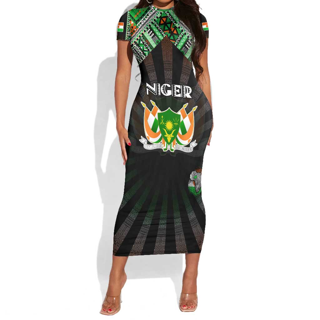Personalized Niger Roots Short Sleeve Bodycon Dress African Pride in Fingerprint and Tribal Colors