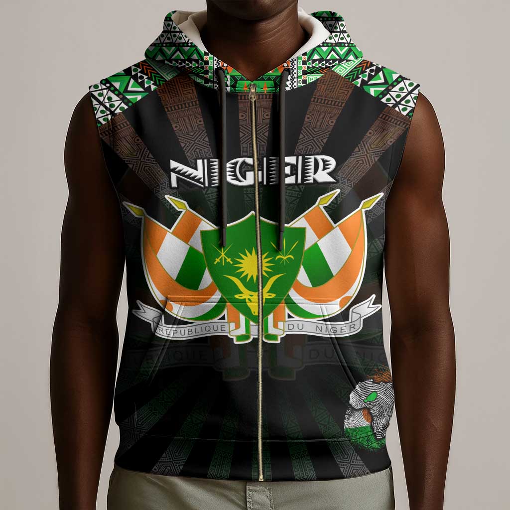 Personalized Niger Roots Sleeveless Zip Hoodie African Pride in Fingerprint and Tribal Colors - African Pride