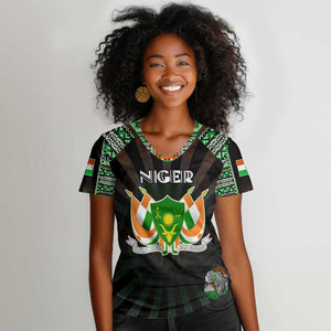 Personalized Niger Roots Women V-Neck T-Shirt African Pride in Fingerprint and Tribal Colors