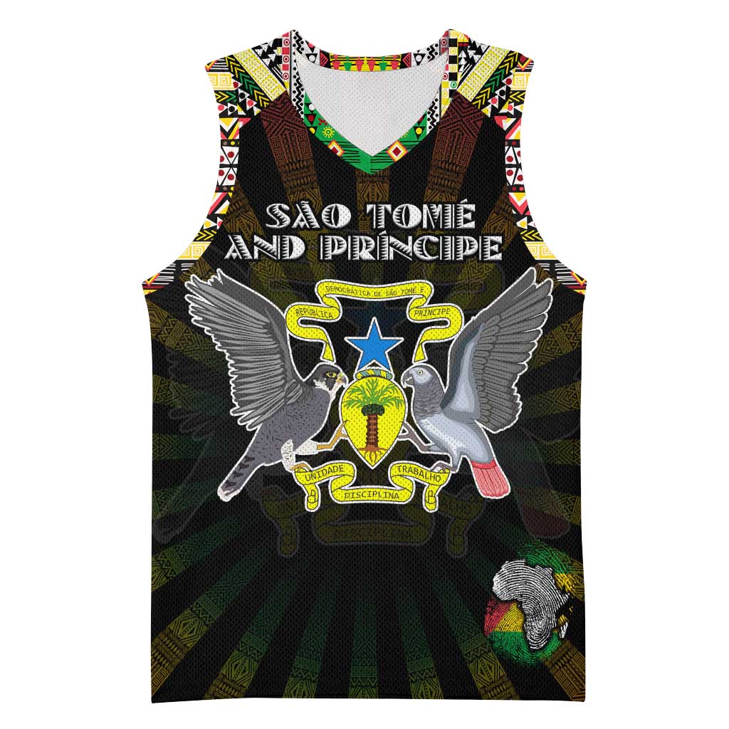 Personalized Sao Tome and Principe Roots Basketball Jersey African Pride in Fingerprint and Tribal Colors - African Pride