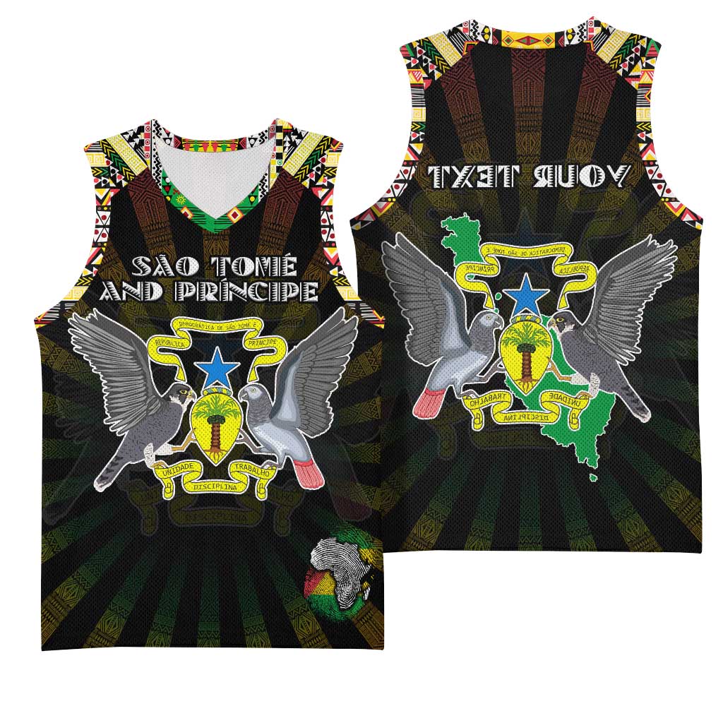 Personalized Sao Tome and Principe Roots Basketball Jersey African Pride in Fingerprint and Tribal Colors - African Pride