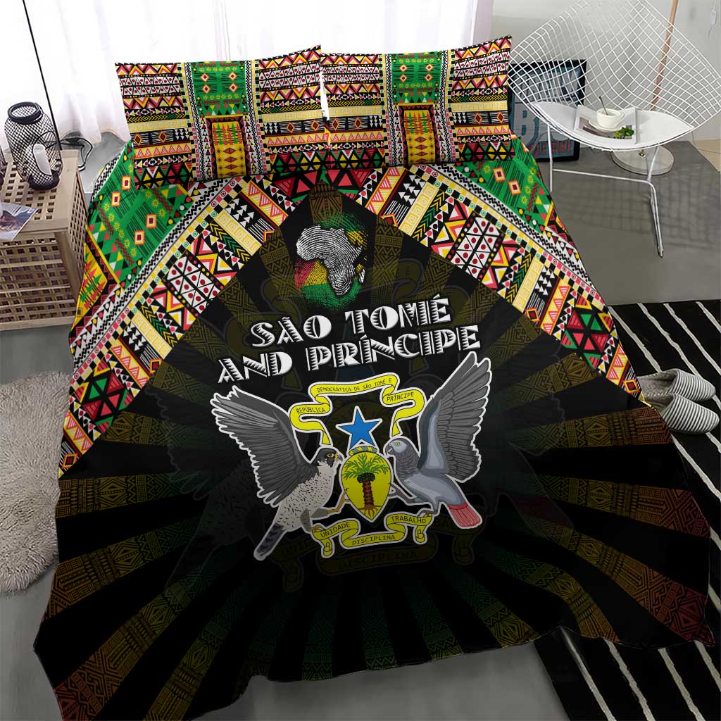 Sao Tome and Principe Roots Bedding Set African Pride in Fingerprint and Tribal Colors