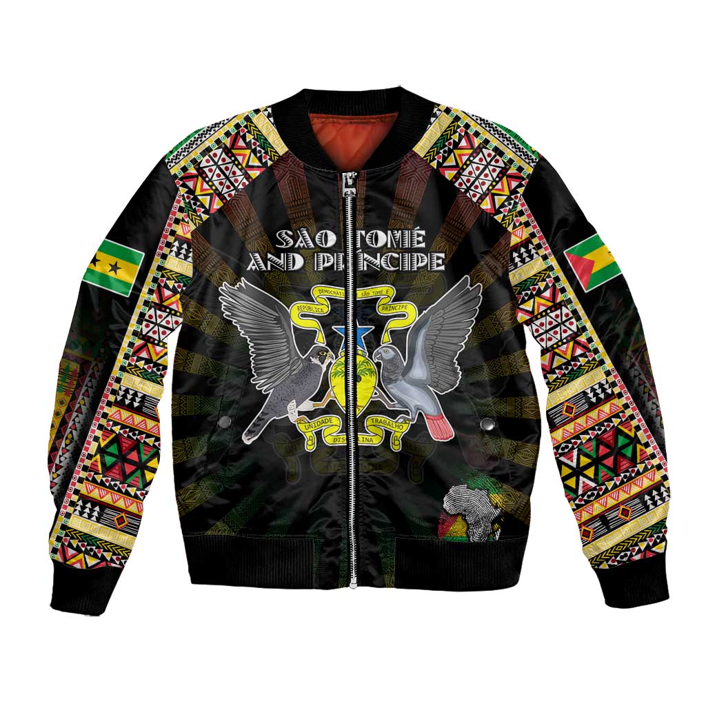 Personalized Sao Tome and Principe Roots Bomber Jacket African Pride in Fingerprint and Tribal Colors