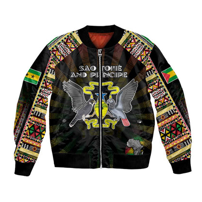 Personalized Sao Tome and Principe Roots Bomber Jacket African Pride in Fingerprint and Tribal Colors