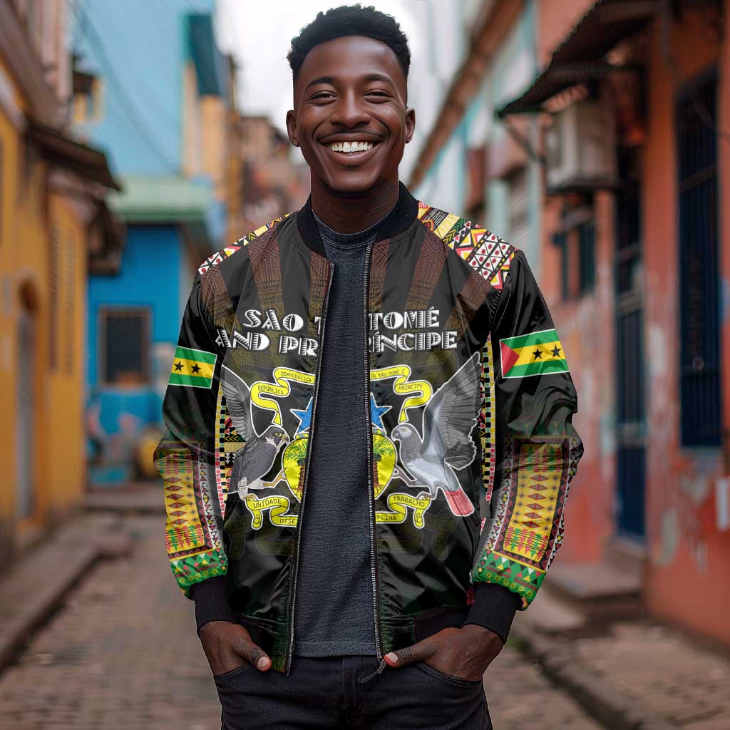 Personalized Sao Tome and Principe Roots Bomber Jacket African Pride in Fingerprint and Tribal Colors