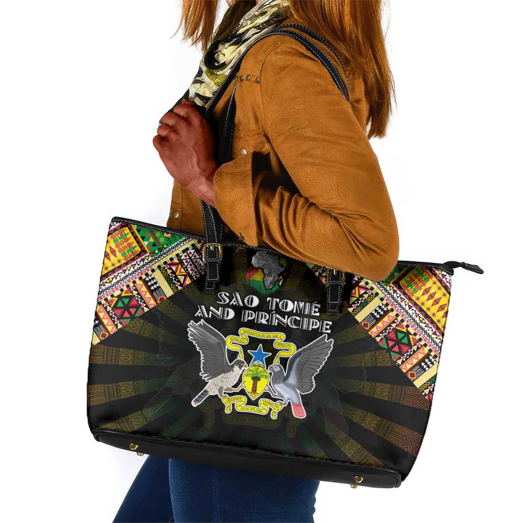 Sao Tome and Principe Roots Leather Tote Bag African Pride in Fingerprint and Tribal Colors