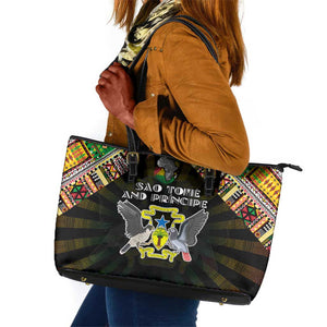 Sao Tome and Principe Roots Leather Tote Bag African Pride in Fingerprint and Tribal Colors