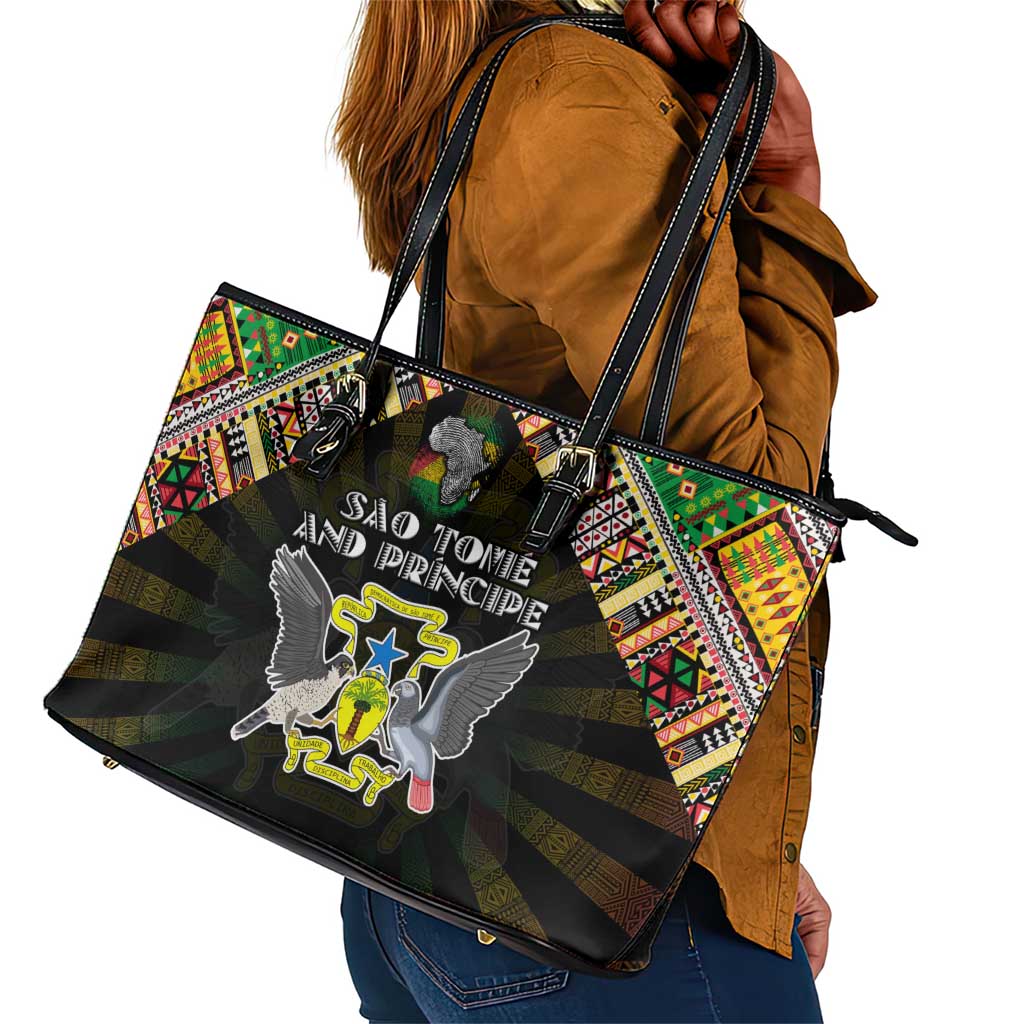 Sao Tome and Principe Roots Leather Tote Bag African Pride in Fingerprint and Tribal Colors