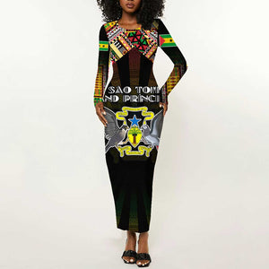 Personalized Sao Tome and Principe Roots Long Sleeve Bodycon Dress African Pride in Fingerprint and Tribal Colors