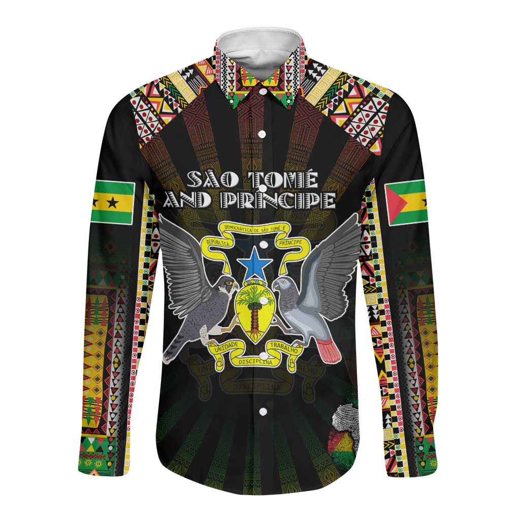 Personalized Sao Tome and Principe Roots Long Sleeve Button Shirt African Pride in Fingerprint and Tribal Colors