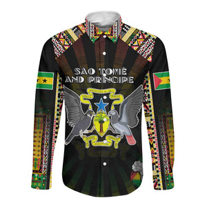 Personalized Sao Tome and Principe Roots Long Sleeve Button Shirt African Pride in Fingerprint and Tribal Colors