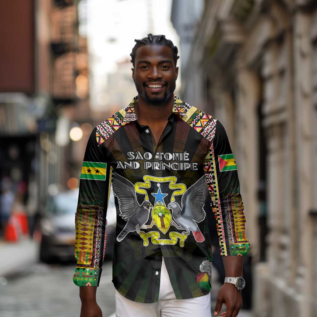Personalized Sao Tome and Principe Roots Long Sleeve Button Shirt African Pride in Fingerprint and Tribal Colors