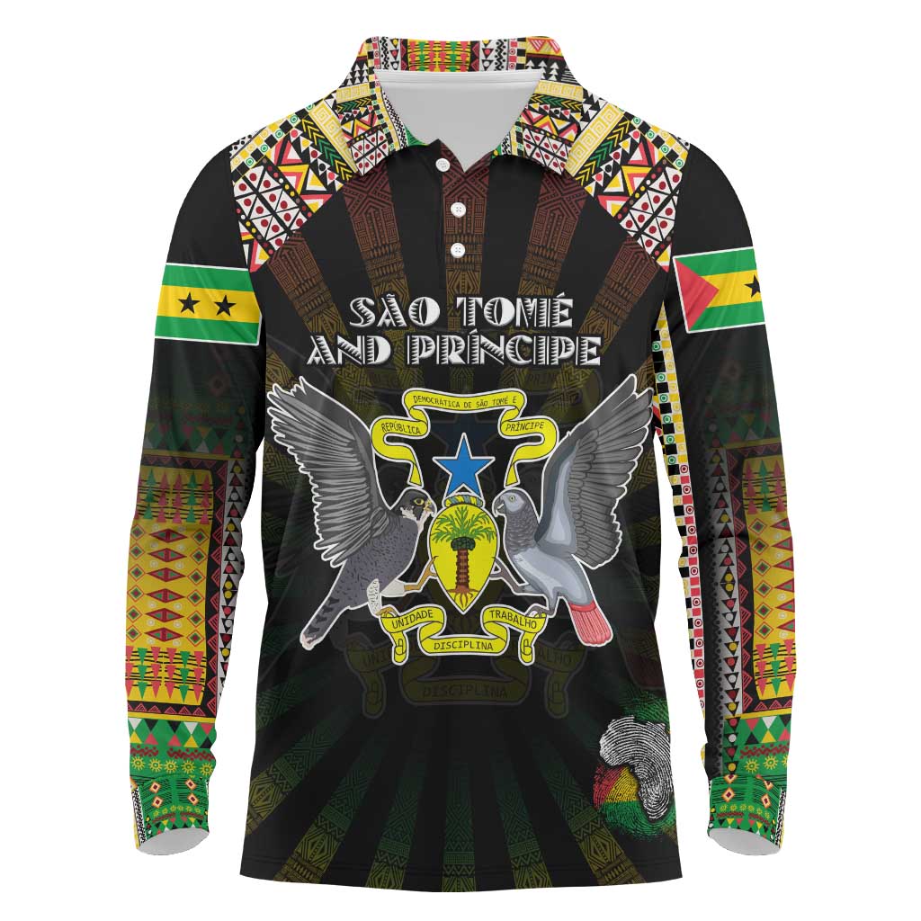 Personalized Sao Tome and Principe Roots Long Sleeve Polo Shirt African Pride in Fingerprint and Tribal Colors