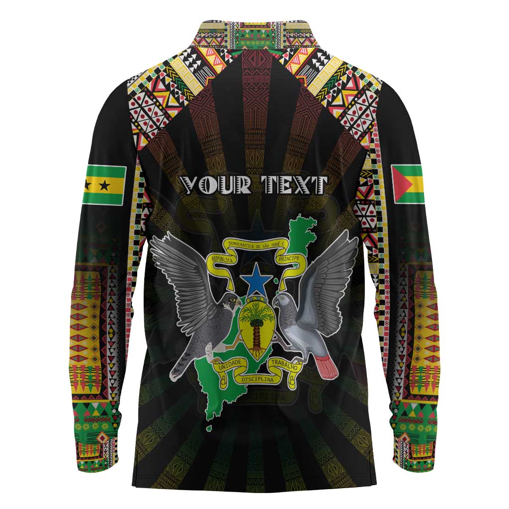 Personalized Sao Tome and Principe Roots Long Sleeve Polo Shirt African Pride in Fingerprint and Tribal Colors