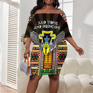 Personalized Sao Tome and Principe Roots Off Shoulder Short Dress African Pride in Fingerprint and Tribal Colors