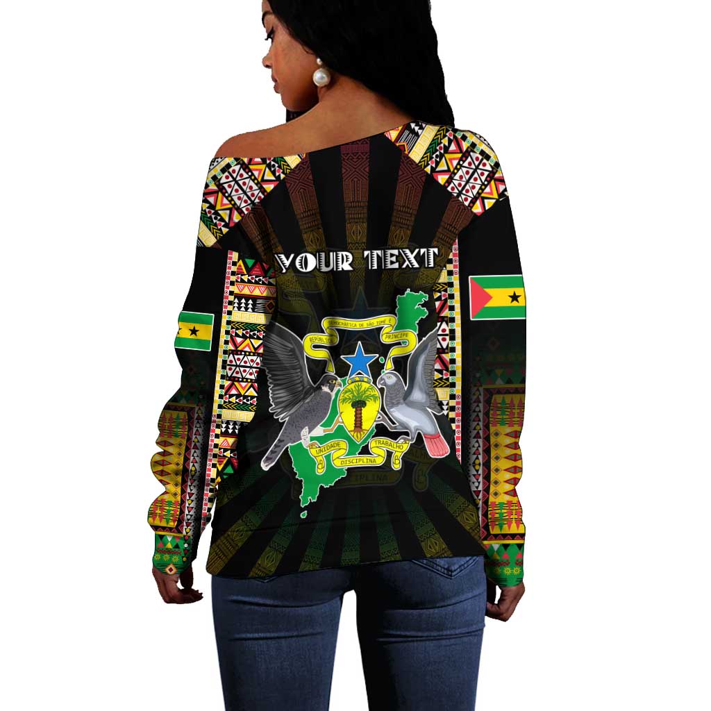 Personalized Sao Tome and Principe Roots Off Shoulder Sweater African Pride in Fingerprint and Tribal Colors