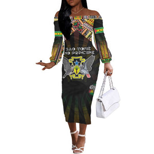 Personalized Sao Tome and Principe Roots Off The Shoulder Long Sleeve Dress African Pride in Fingerprint and Tribal Colors