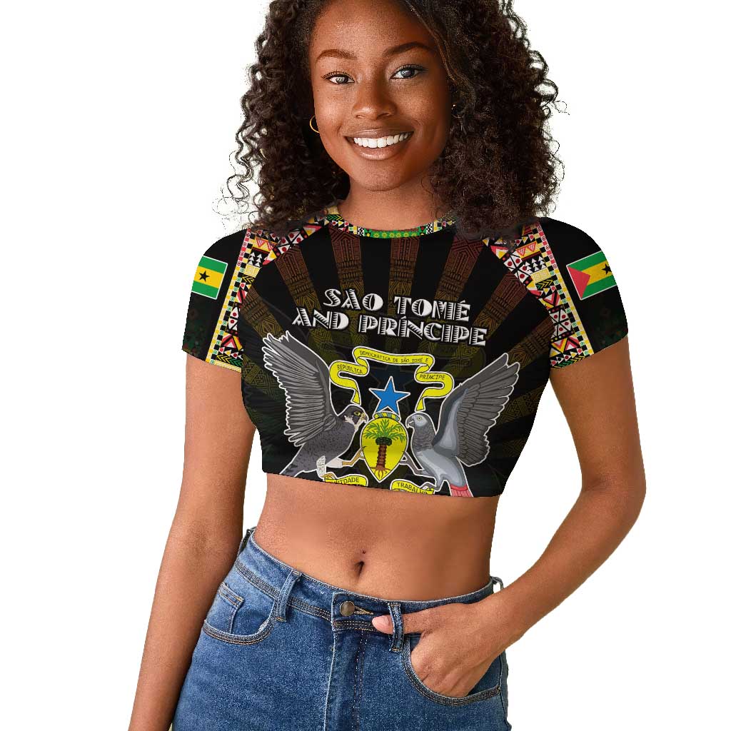 Personalized Sao Tome and Principe Roots Raglan Cropped T shirt African Pride in Fingerprint and Tribal Colors
