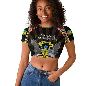 Personalized Sao Tome and Principe Roots Raglan Cropped T shirt African Pride in Fingerprint and Tribal Colors