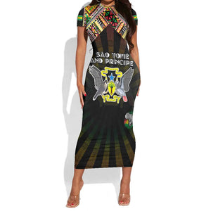 Personalized Sao Tome and Principe Roots Short Sleeve Bodycon Dress African Pride in Fingerprint and Tribal Colors