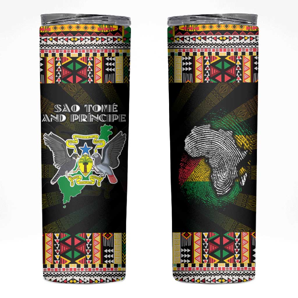 Sao Tome and Principe Roots Skinny Tumbler African Pride in Fingerprint and Tribal Colors