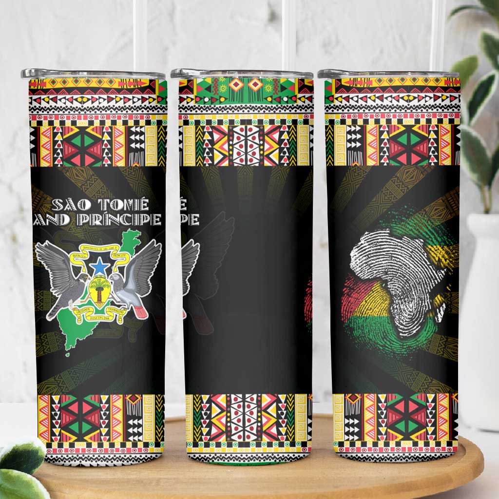 Sao Tome and Principe Roots Skinny Tumbler African Pride in Fingerprint and Tribal Colors