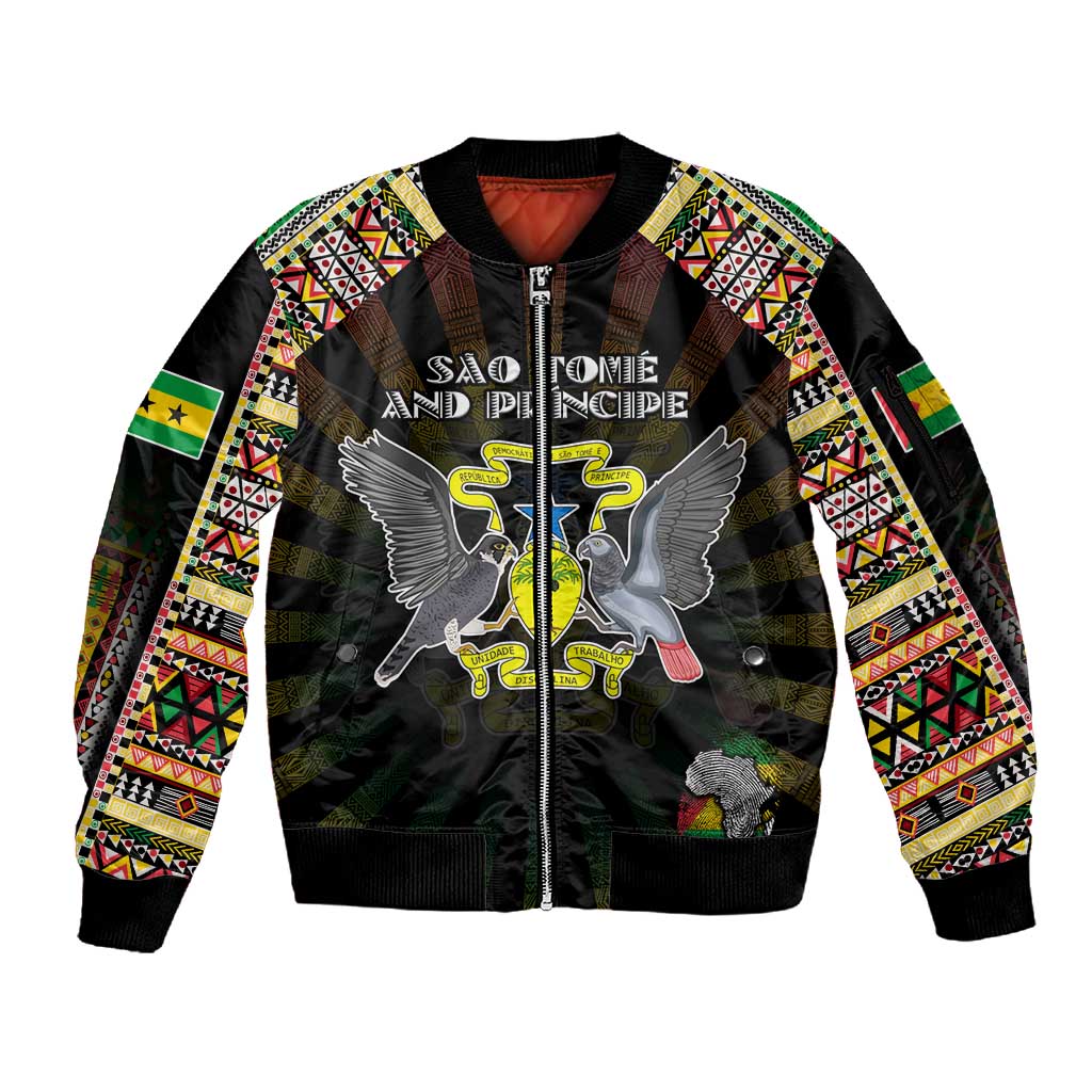 Personalized Sao Tome and Principe Roots Sleeve Zip Bomber Jacket African Pride in Fingerprint and Tribal Colors